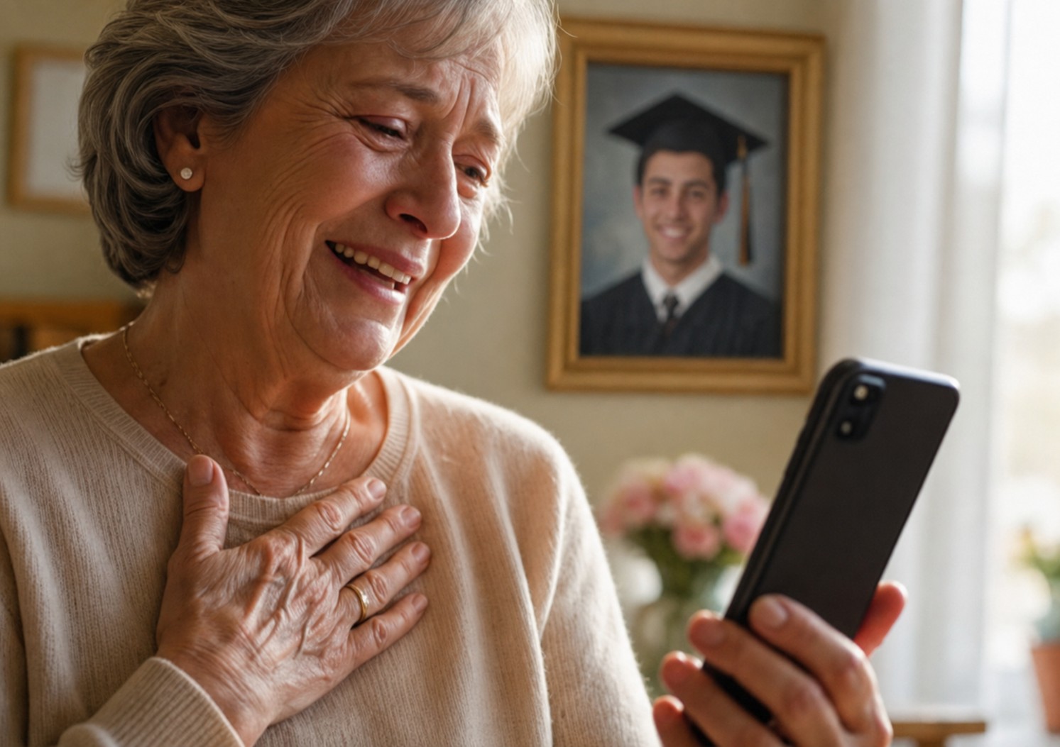 A grandmother holds her hand to her chest, moved, while watching a video on her phone