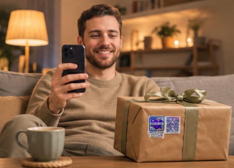 A man on a sofa records a video on his phone next to a wrapped gift with a MemoryCards sticker