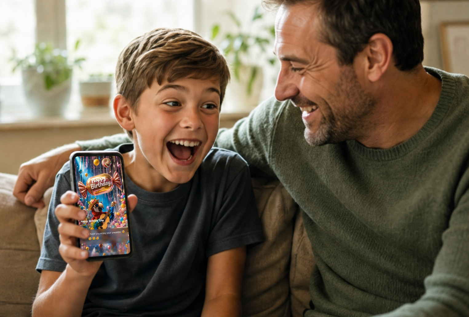 A boy laughs at a birthday video card playing on a phone while his dad watches